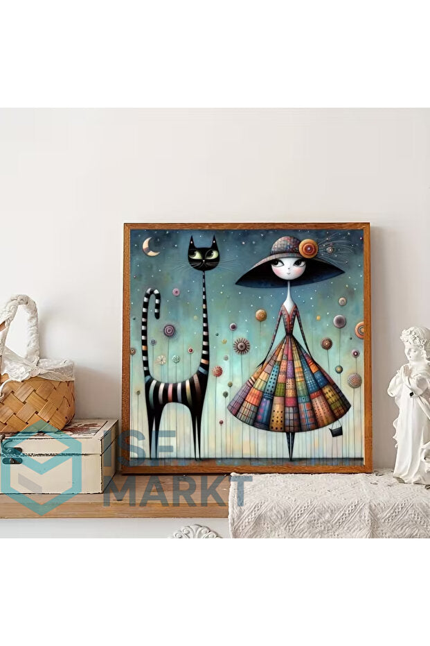 Kız ve Kedi Dostluğu Elmas Boyama Seti | 35x35cm Yuvarlak Taşlı DIY Kit