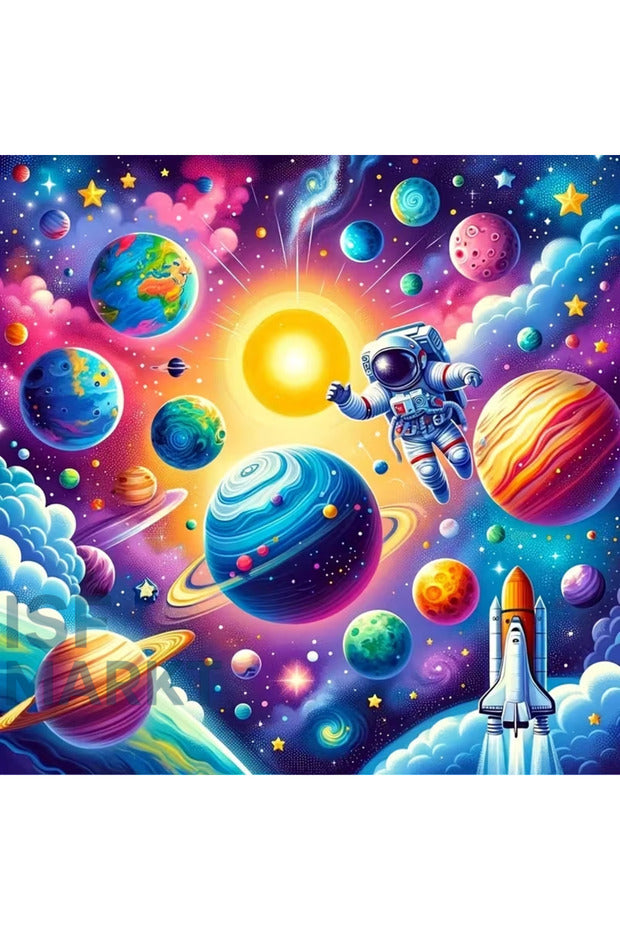 Planetarya Uzay Gezegenler Elmas Boyama Seti | 30x30cm Yuvarlak Taşlı DIY Kit