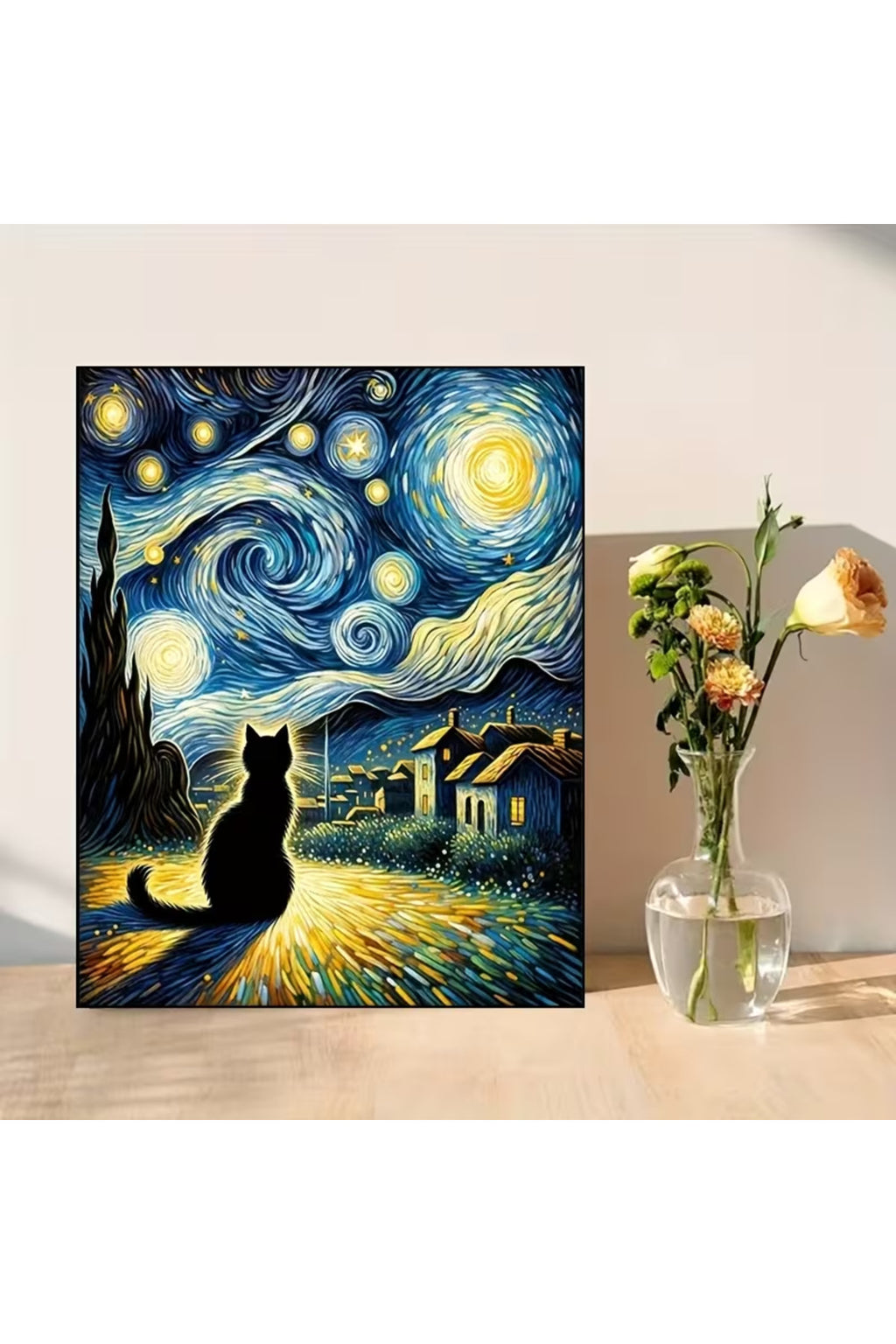 Van Gogh Yıldızlı Gece Esinli Siyah Kedi 5D Elmas Boyama Seti (30x40 cm) - Full Drill Yuvarlak Taşl