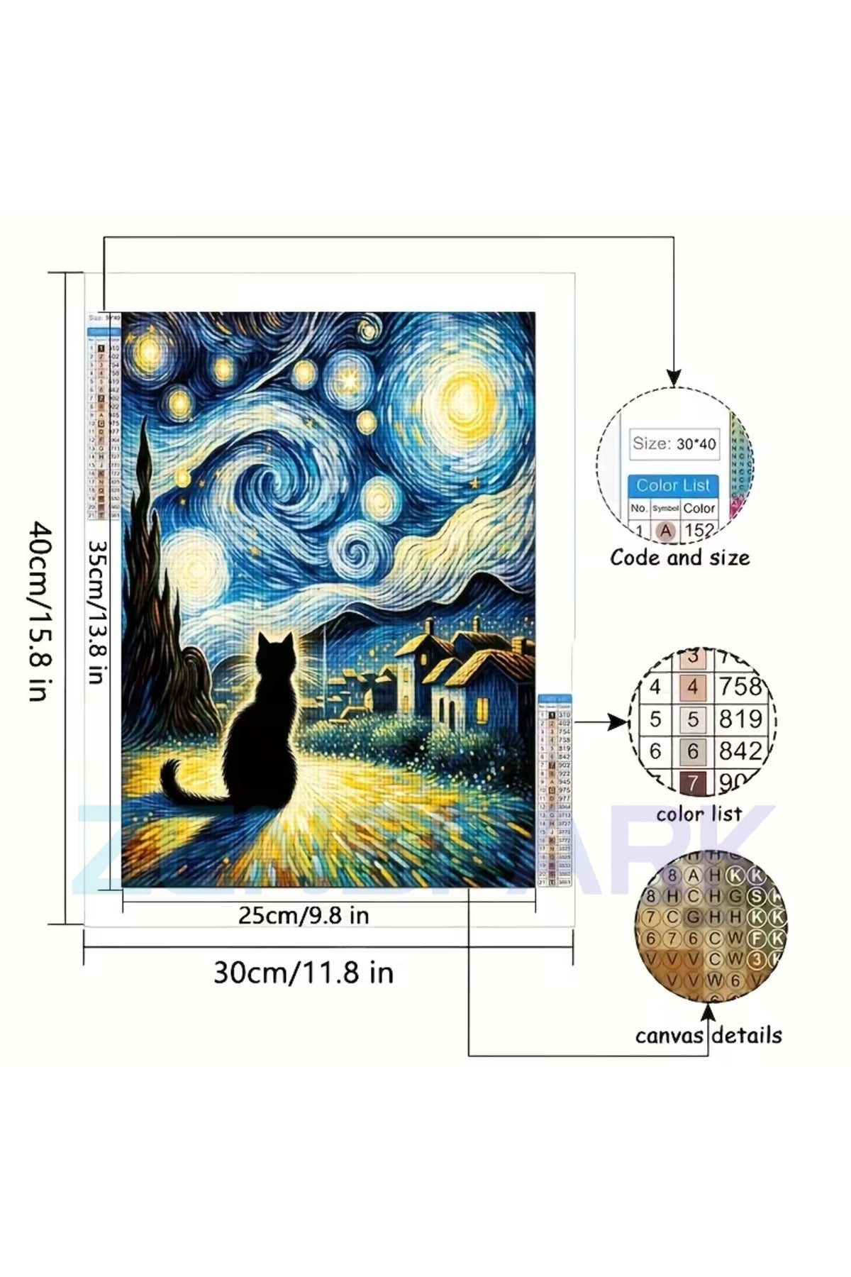 Van Gogh Yıldızlı Gece Esinli Siyah Kedi 5D Elmas Boyama Seti (30x40 cm) - Full Drill Yuvarlak Taşl