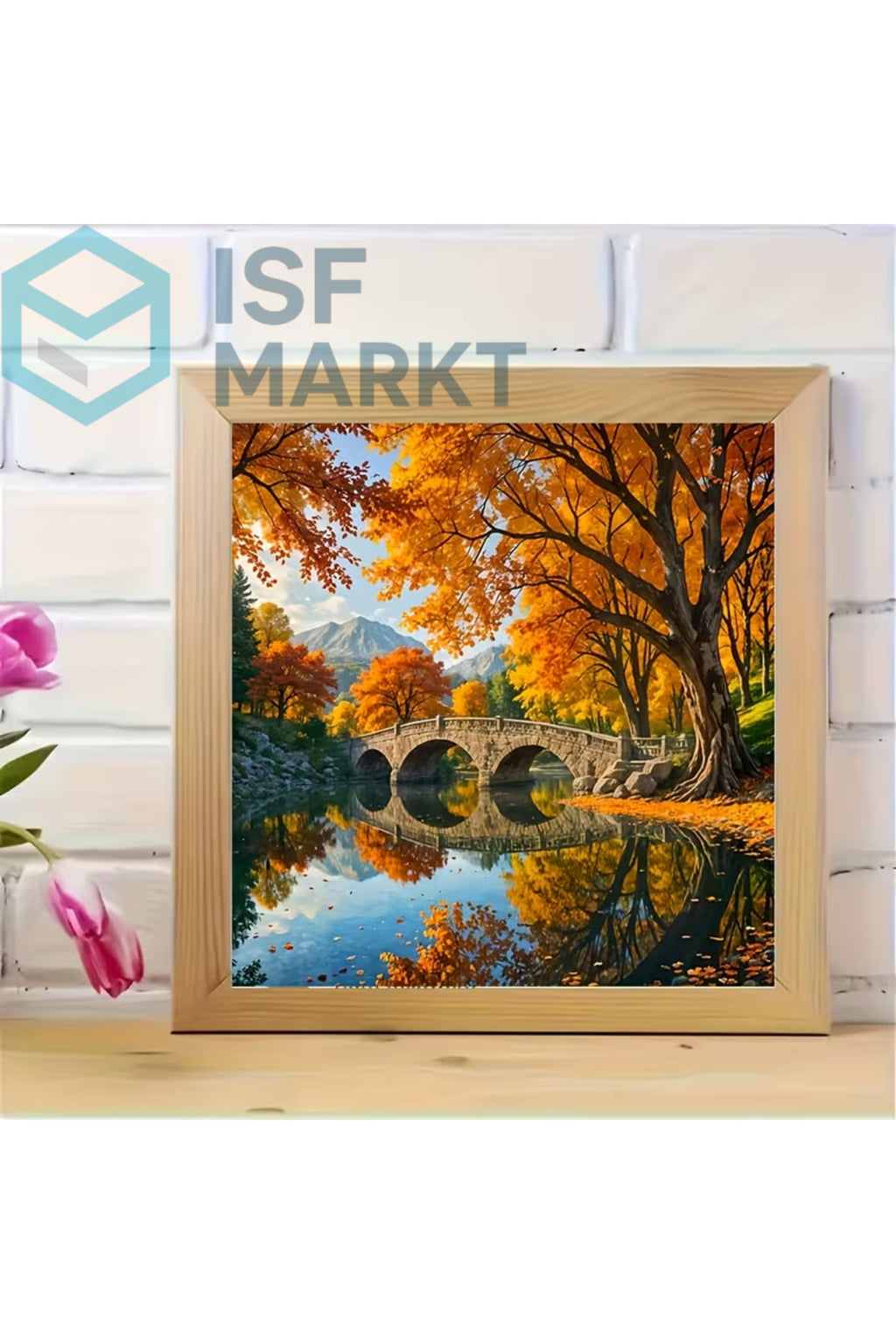 Sonbahar Göl Manzarası Elmas Boyama Seti | 30x30cm Yuvarlak Taşlı Romantik DIY Hobi Kiti