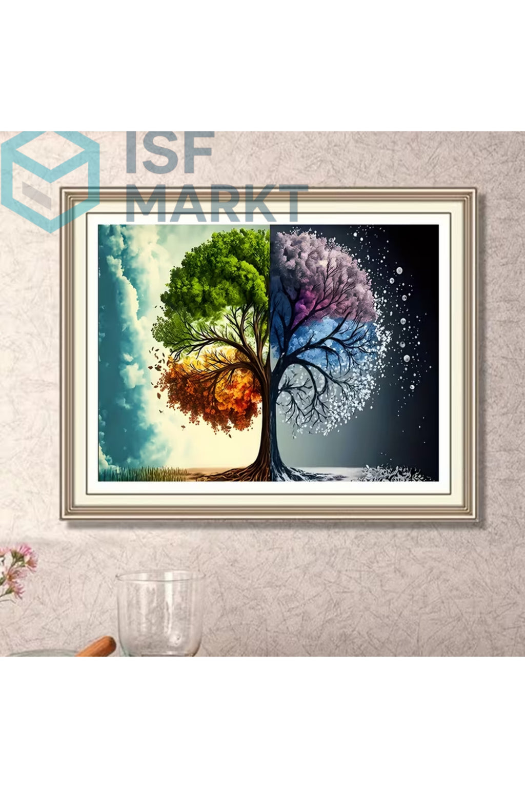 Dört Mevsim Ağacı Elmas Boyama Seti | 30x40cm Yuvarlak Taşlı DIY Hayat Ağacı Hobi Kiti
