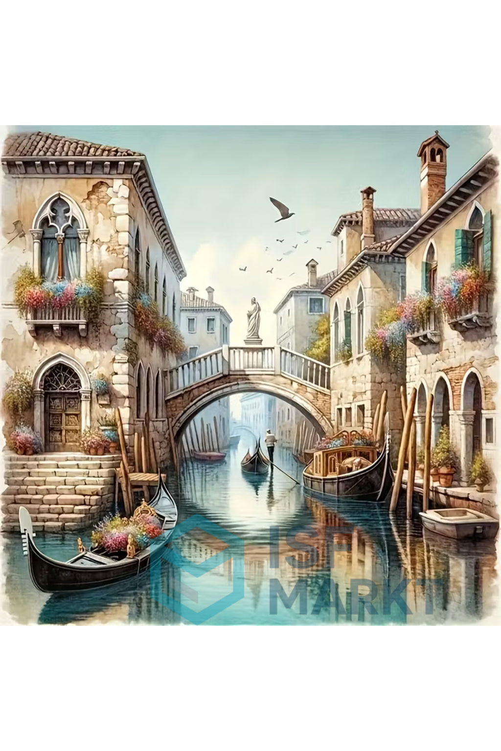Venedik Kanalı Gondol Elmas Boyama Seti | 30x30cm Yuvarlak Taşlı Romantik DIY Hobi Kiti