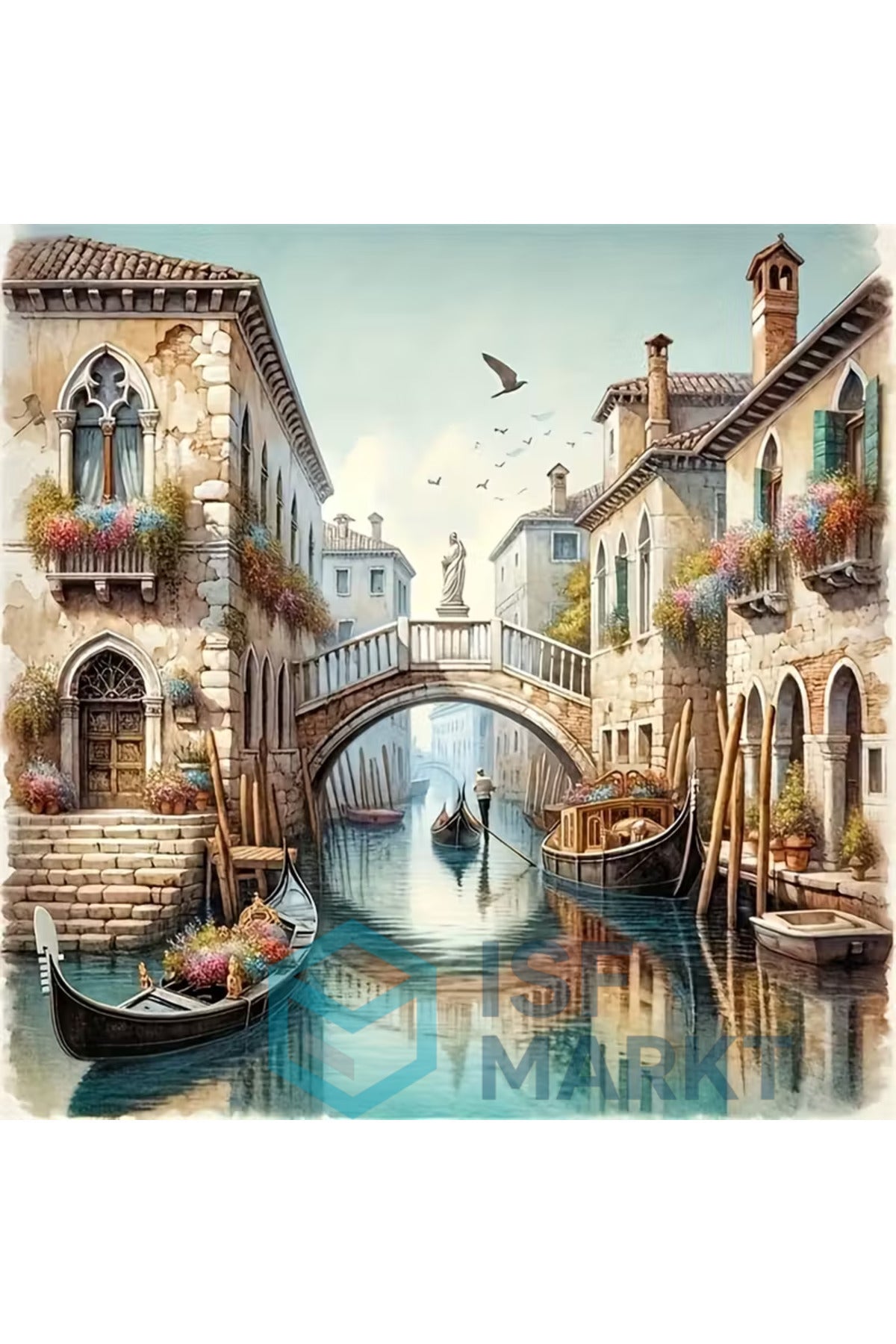 Venedik Kanalı Gondol Elmas Boyama Seti | 30x30cm Yuvarlak Taşlı Romantik DIY Hobi Kiti