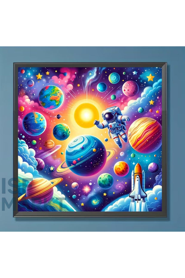Planetarya Uzay Gezegenler Elmas Boyama Seti | 30x30cm Yuvarlak Taşlı DIY Kit