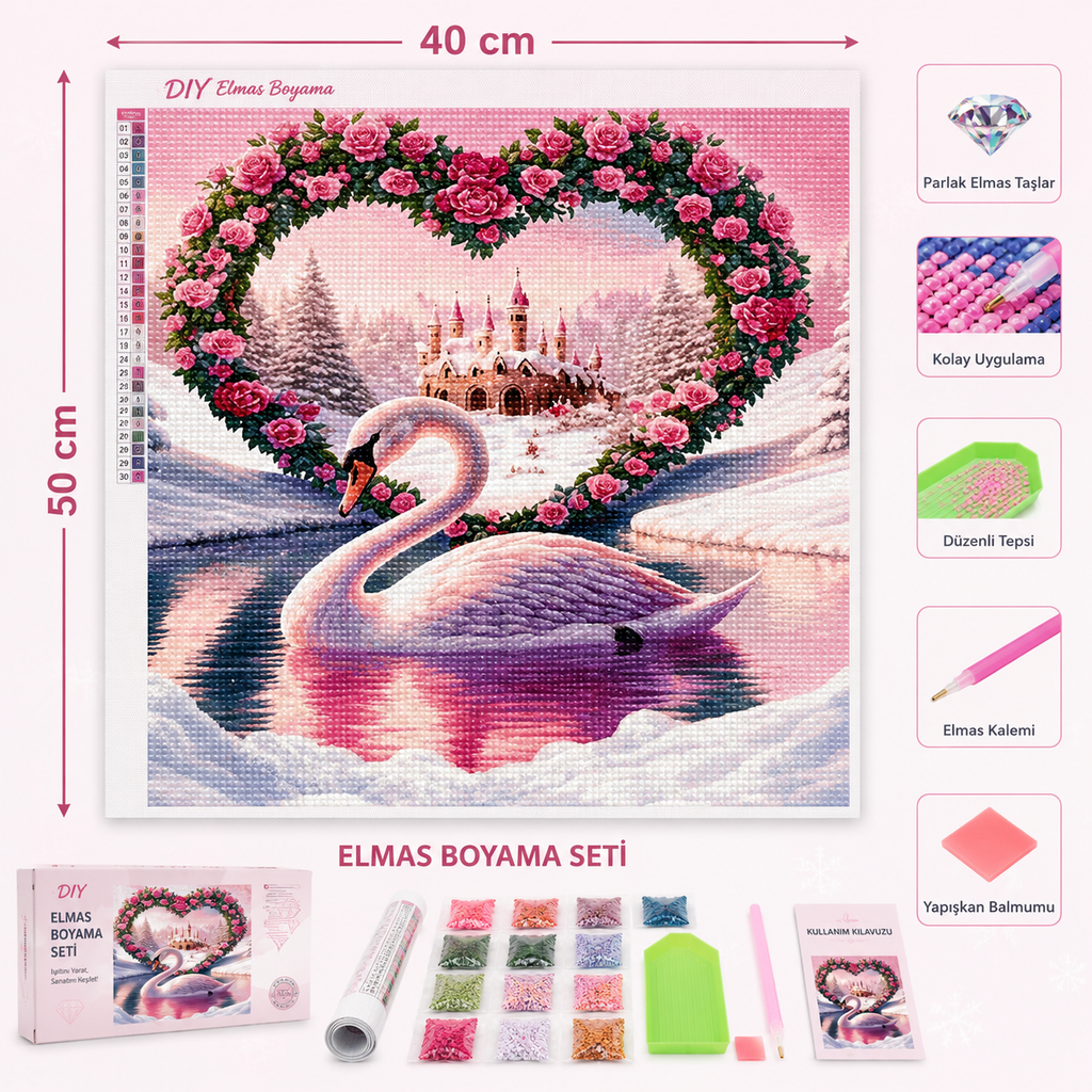 50x40 cm Özel Tasarım Kalp Gül Çerçeveli Kuğu ve Masal Şatosu 5D Elmas Tablo Yapım Seti