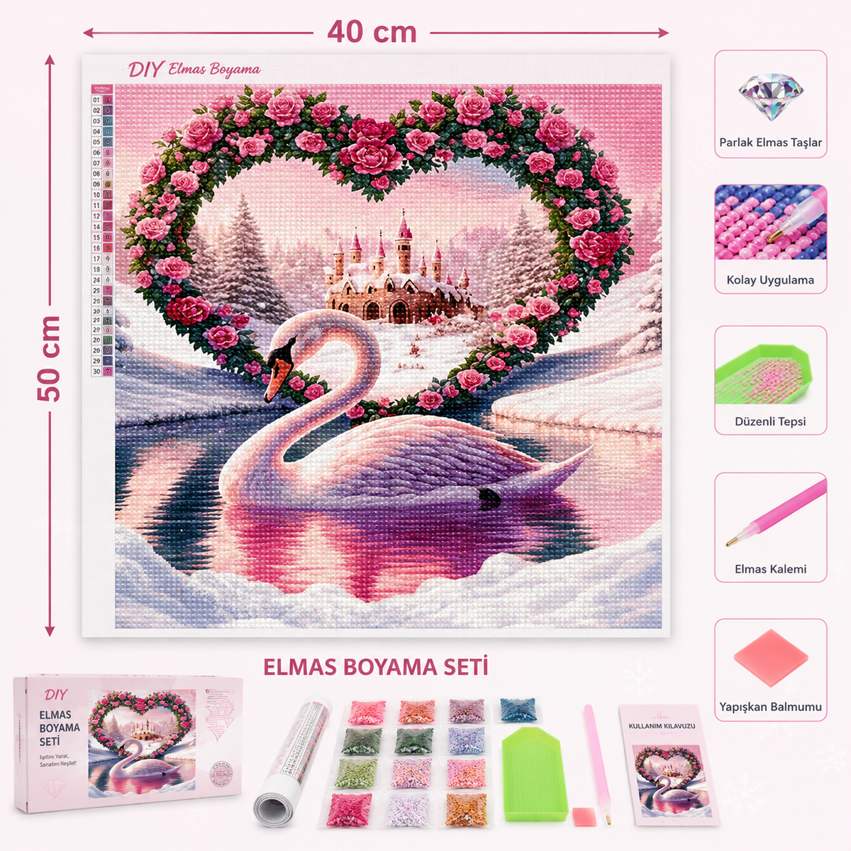 50x40 cm Özel Tasarım Kalp Gül Çerçeveli Kuğu ve Masal Şatosu 5D Elmas Tablo Yapım Seti